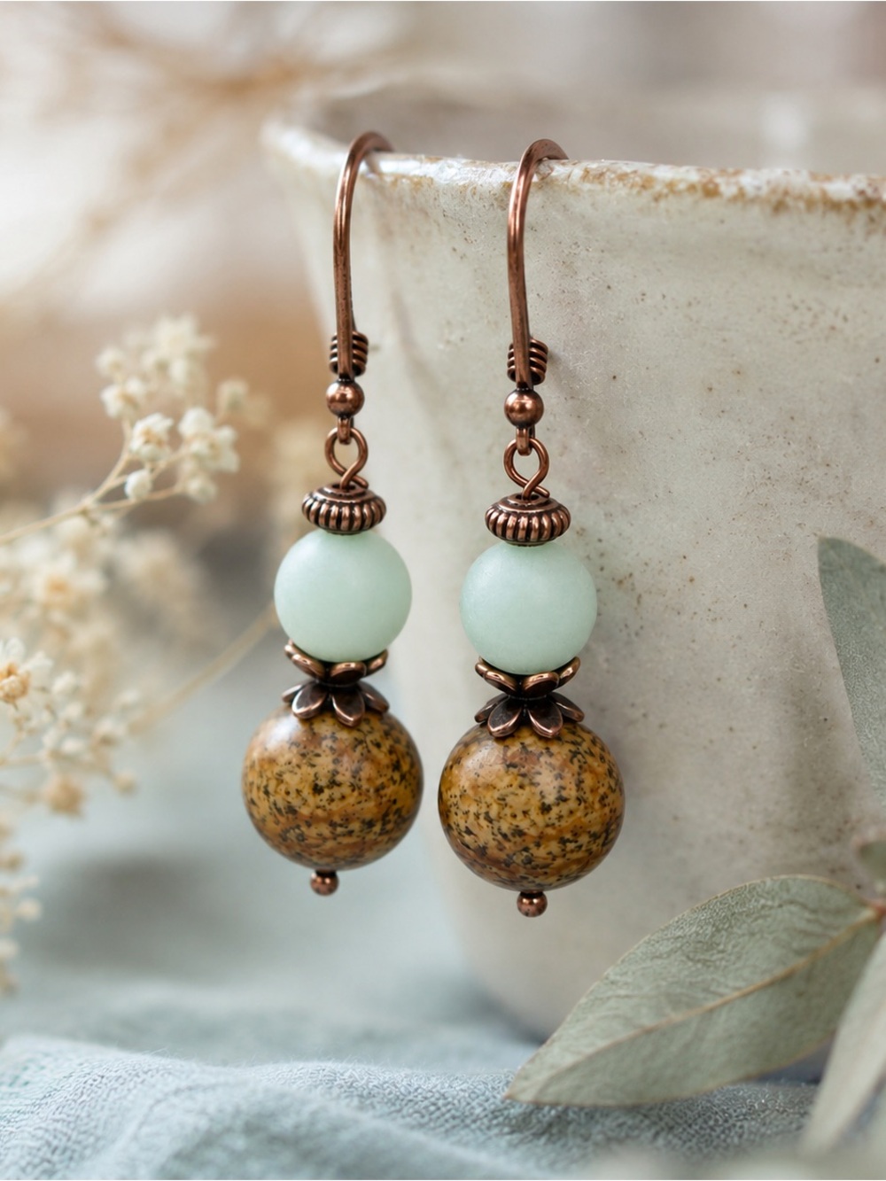 Picture Jasper & Blue Glass Artisan Dangle Earrings in Antique Copper